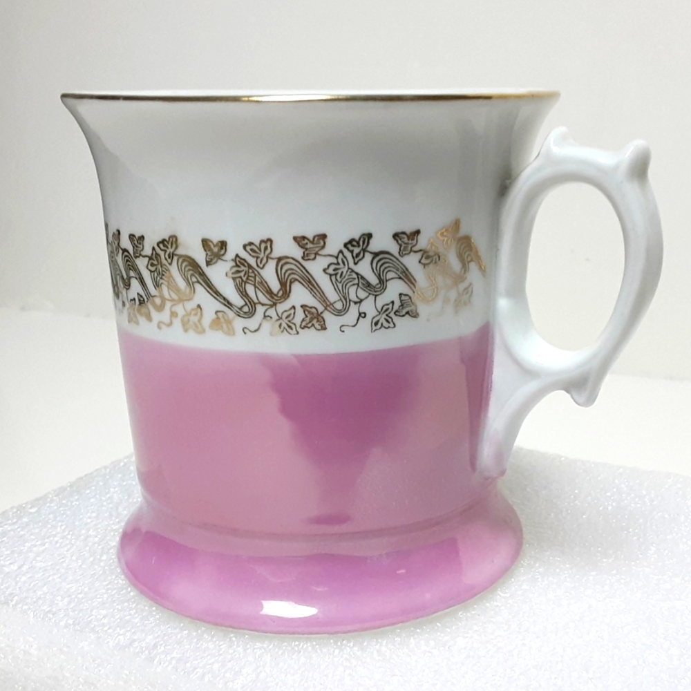 Antique German Shaving Mug, Pink and White, Gold Trim, 3 1/2" high
